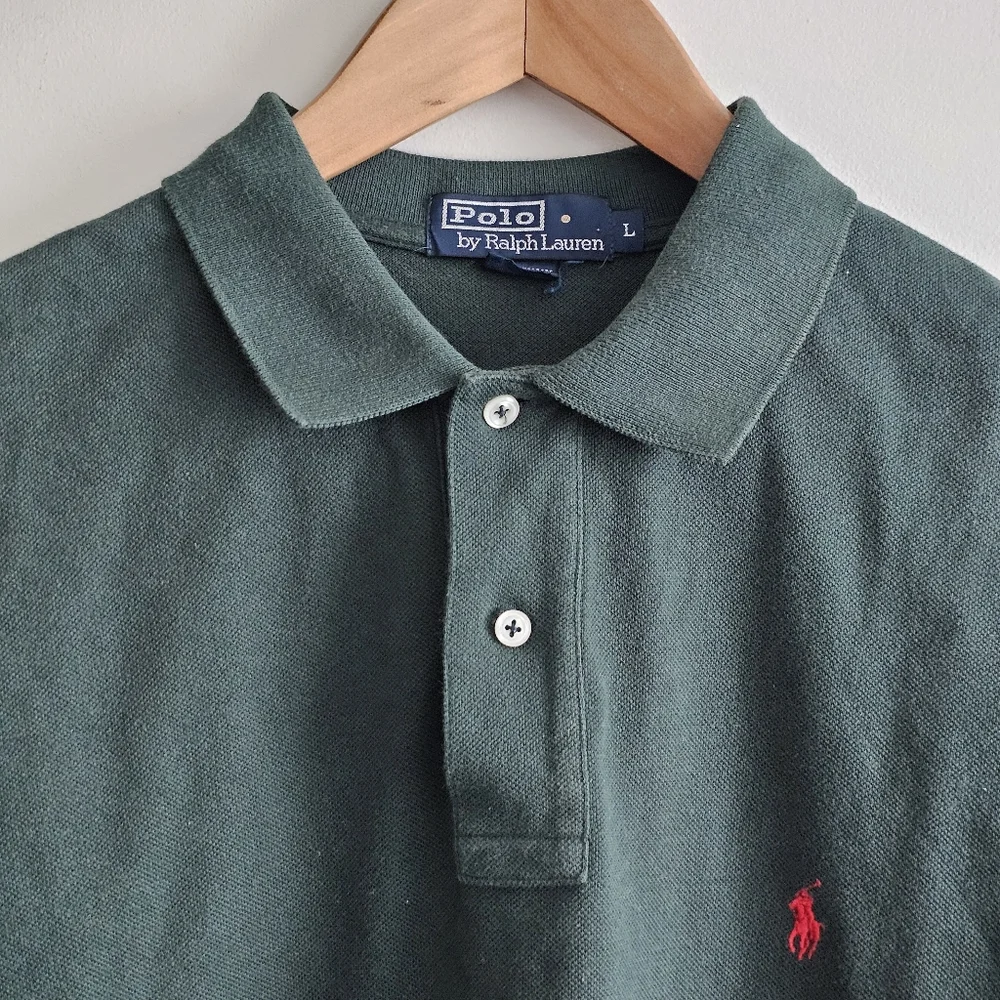 Vintage 90s Polo Ralph Lauren Forest Green Polo Shirt Red Pony Size L Cotton